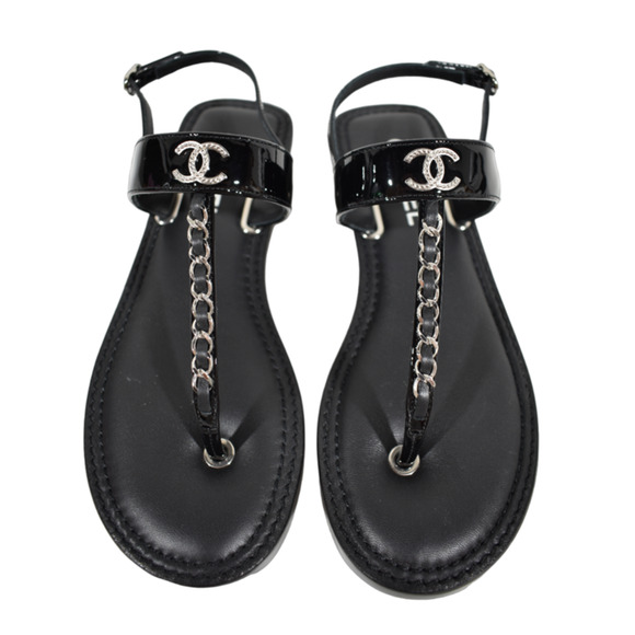 Chanel 22C Black Patent Silver Chain CC Logo Mule Slide Flat Thong Sandal 35 - Picture 1 of 12